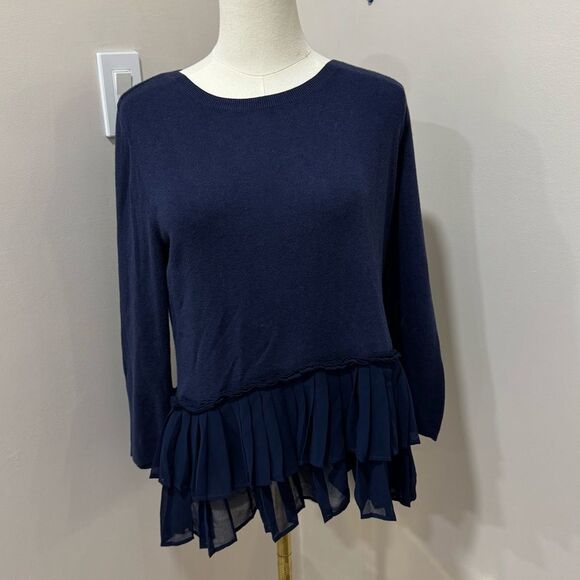 Halogen‎ Navy Blue Ruffle Tunic Lightweight Sweater Medium - Picture 1 of 4